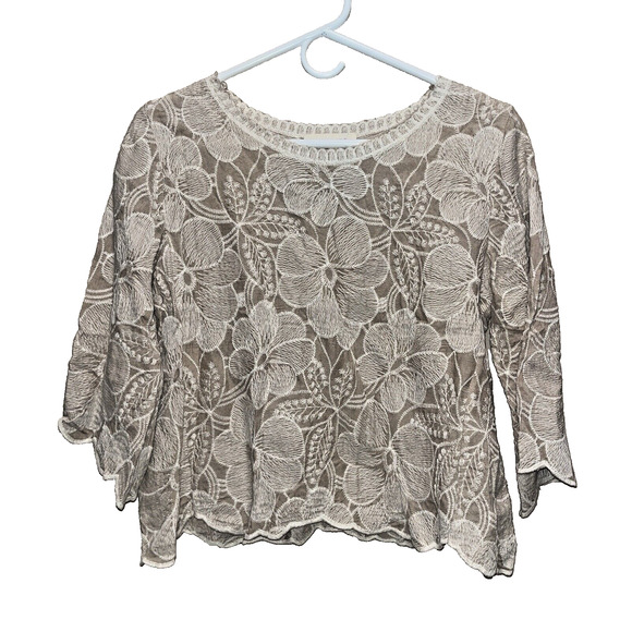 Solitaire Tops - Solitaire Womens Embroidered Floral Crop Top S Tan Cream Boho Festival